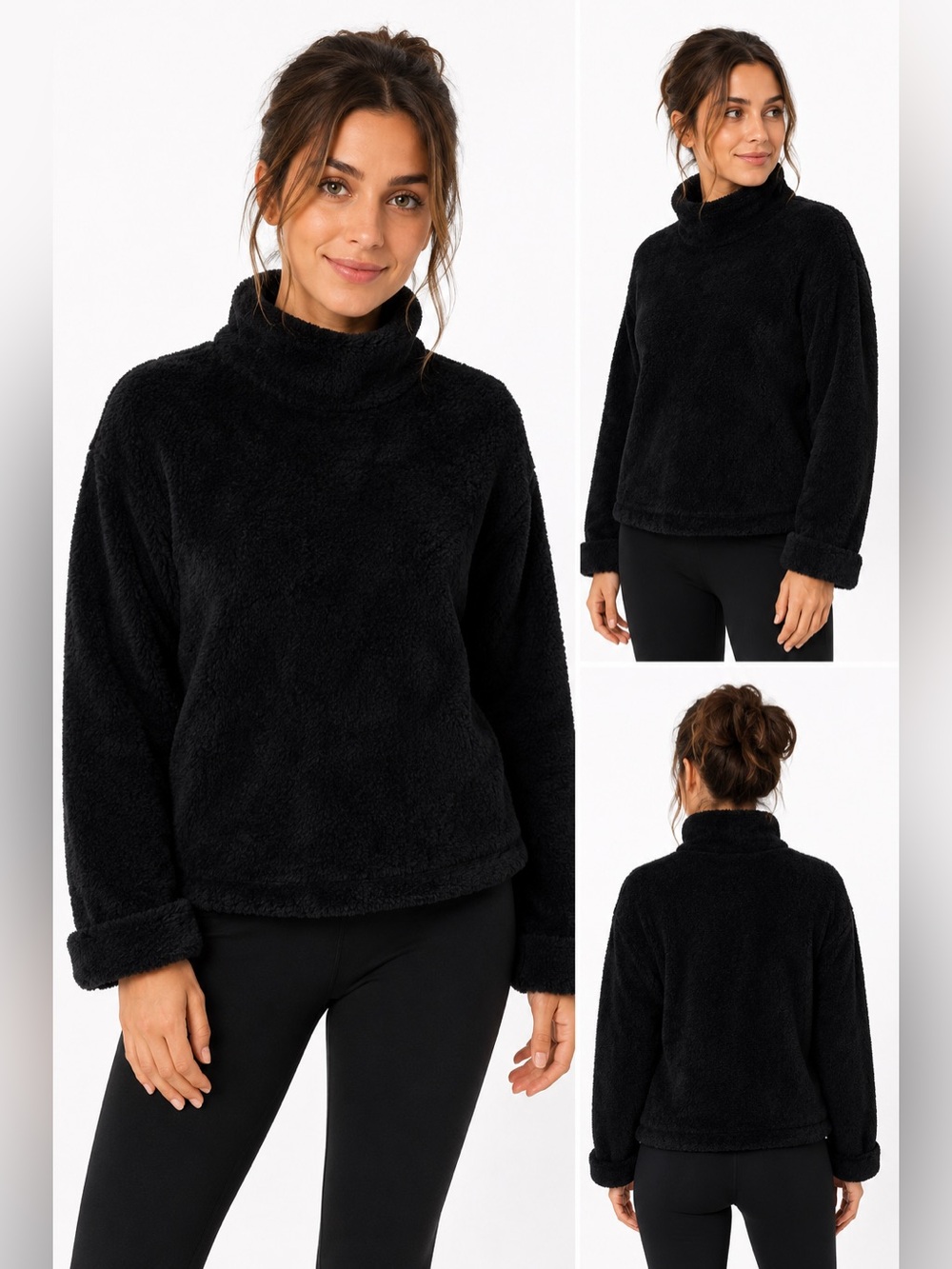 GapBody Women’s Black Fuzzy Sherpa Pullover Size Small Mock Neck Cozy Lounge